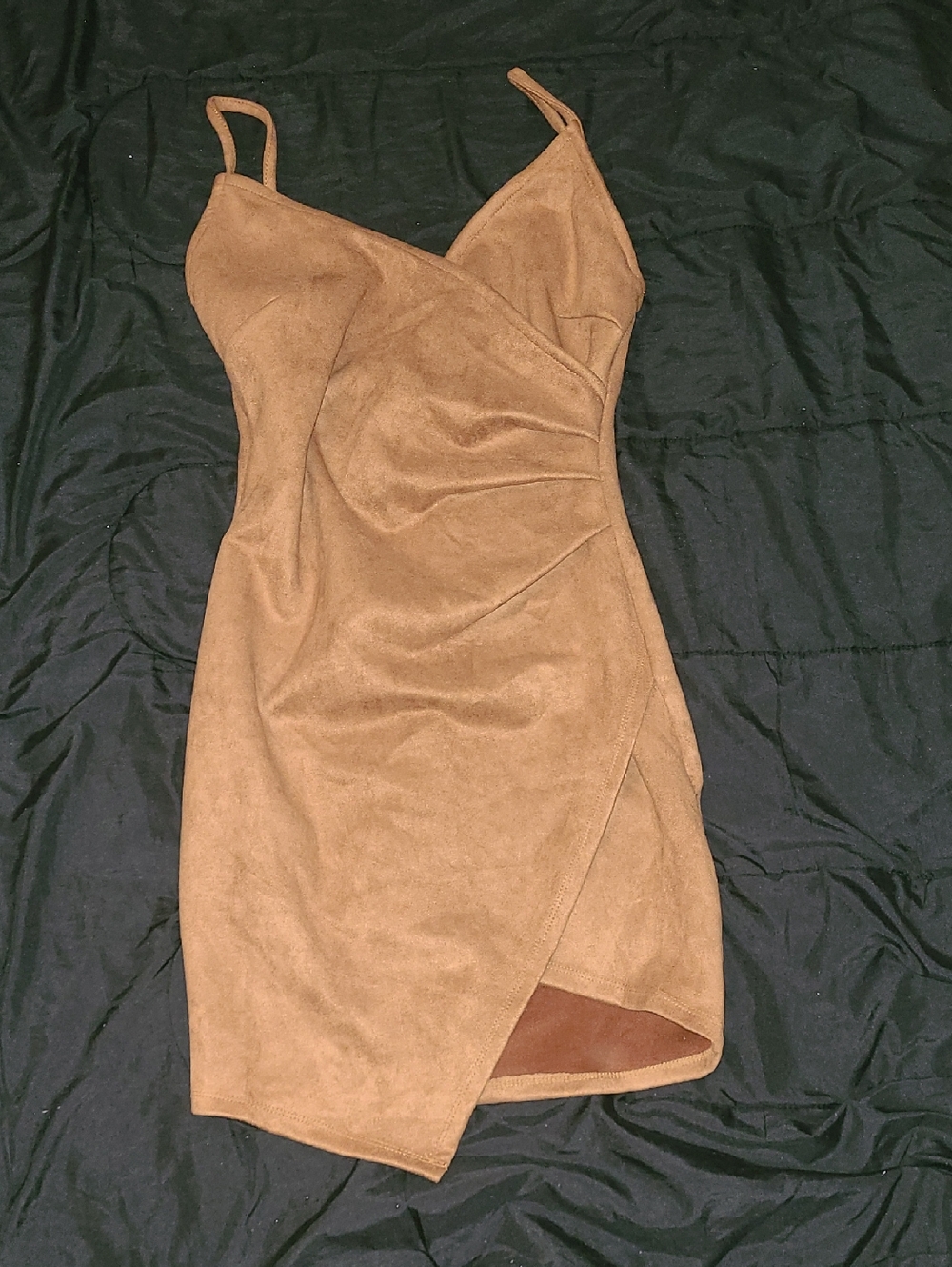 Suede Wrap-Front Mini Dress in Camel